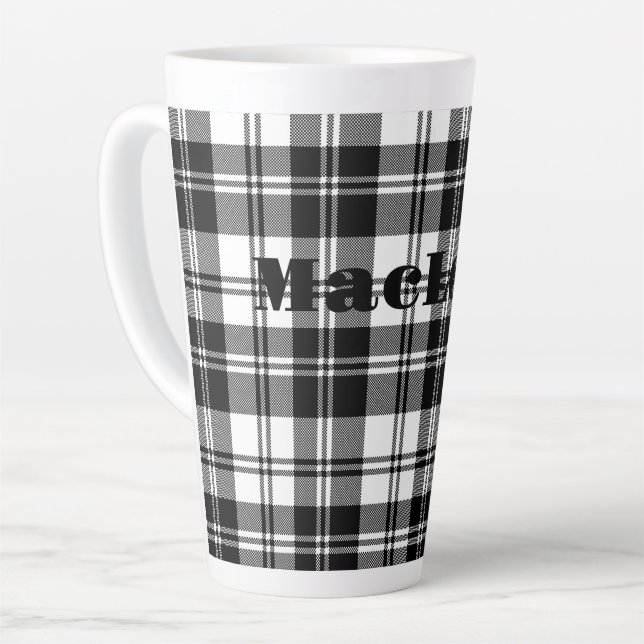 Simple Tartan Black and White Monogram Name | Latte Mug (Left Angle)