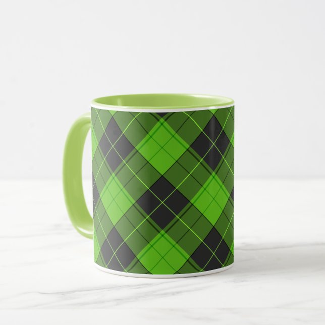 Simple tartan diagonal pattern in dark green mug (Front Left)