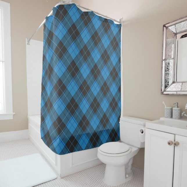 Simple Tartan Pattern in Dark Blue Shower Curtain (In Situ)