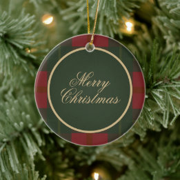 Simple Tartan Plaid Merry Christmas Ceramic Tree Decoration