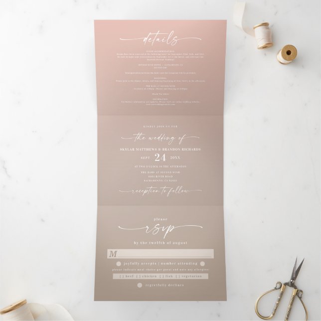 Simple Taupe Beige & Blush Pink Ombre Wedding Tri-Fold Invitation (Inside)