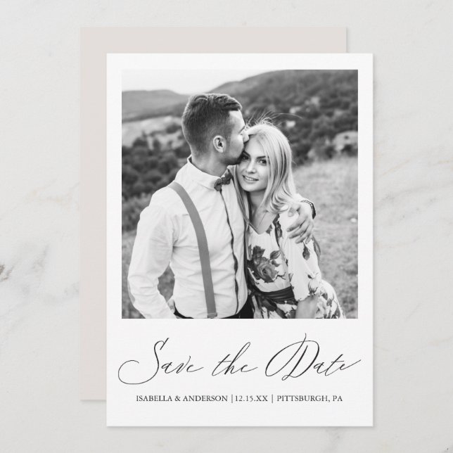 Simple Taupe Calligraphy Photo Wedding Save The Date (Front/Back)