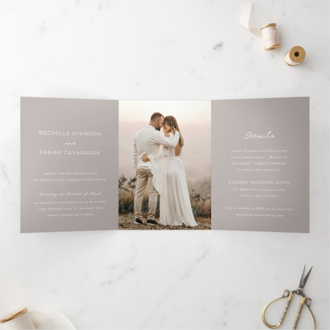Simple Taupe Photo Elegant Wedding Tri-Fold Invitation (Inside)