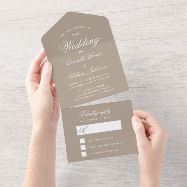 Simple Taupe Wedding Invitation & Detachable RSVP (Tearaway)