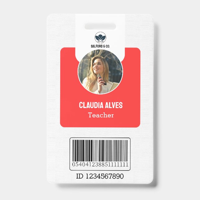 Simple Teacher ID Card | Red Collage School ID  Badge (Front)