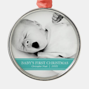 Simple Teal and White Custom Photo Christmas Metal Tree Decoration