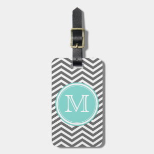 Simple Teal Blue and White Monogram with Chevron Luggage Tag