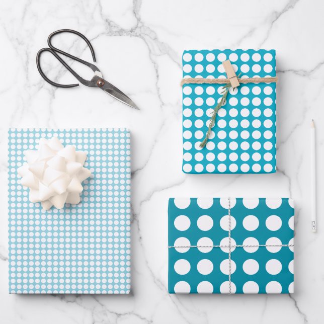 Simple Teal Blue and White Polka Dots Pattern Wrapping Paper Sheet (Front)