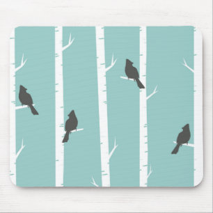 Simple Teal Blue Bird Tree Pattern Mouse Mat