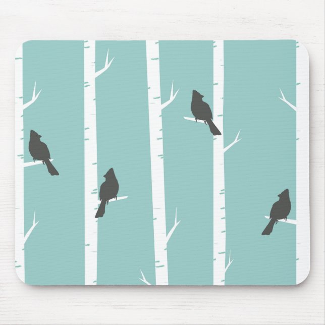 Simple Teal Blue Bird Tree Pattern Mouse Mat (Front)