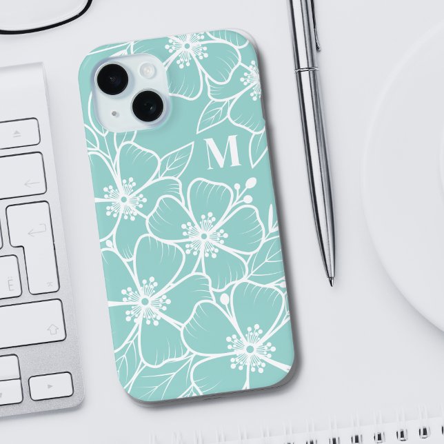 Simple Teal Blue Floral Initial Monogram iPhone 15 Case (Simple Teal Blue Floral Initial Monogram iPhone 15 Case)