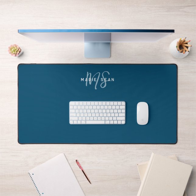 Simple Teal Blue Minimalist Monogram Gift Desk Mat (Office 1)