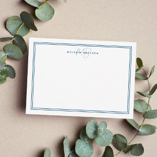 Simple Teal Blue Minimalist Monogram Two Border Card