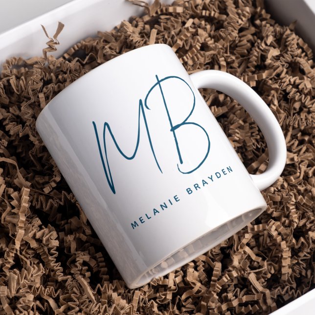 Simple Teal Blue Minimalist Two Monogram Name Coffee Mug (Creator Uploaded)