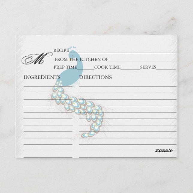 Simple Teal Blue Peacock Recipe Cards (Back)