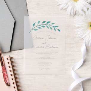 Simple Teal Botanical Vine Coastal Wedding Vellum Invitations