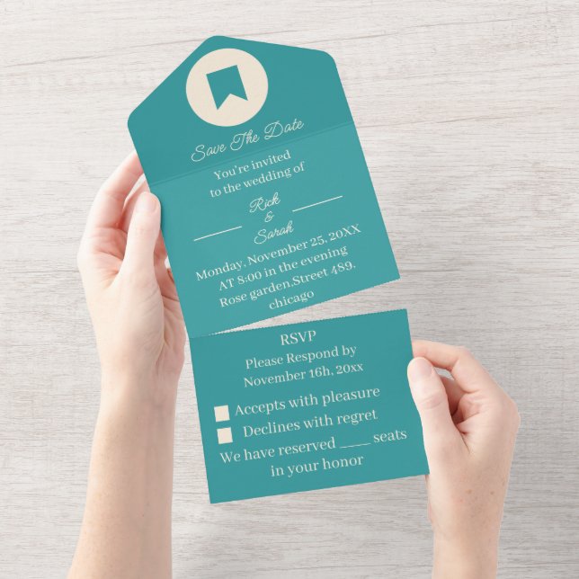 Simple Teal Customised Save The Date All In One Invitation (Tearaway)