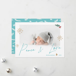Simple teal gold peace love photo snowflake holiday card