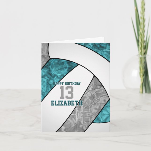 simple teal gray white volleyball happy birthday card (Front)