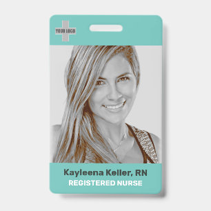 Simple Teal Green Large Photo Logo Code Template ID Badge