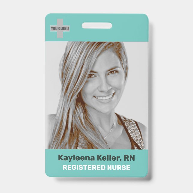 Simple Teal Green Large Photo Logo Code Template ID Badge (Front)