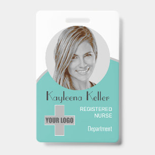Simple Teal Green Nurse Circle Photo Logo Barcode ID Badge