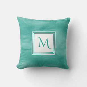 Simple Teal Green Subtle Marble Modern Monogram Cushion