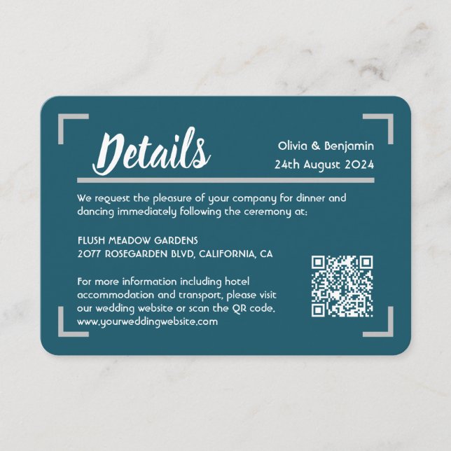 Simple Teal Handwritten Script Wedding QR Code Enclosure Card (Front)