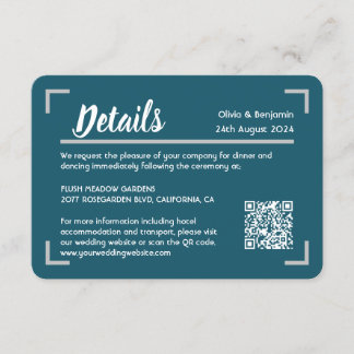 Simple Teal Handwritten Script Wedding QR Code Enclosure Card