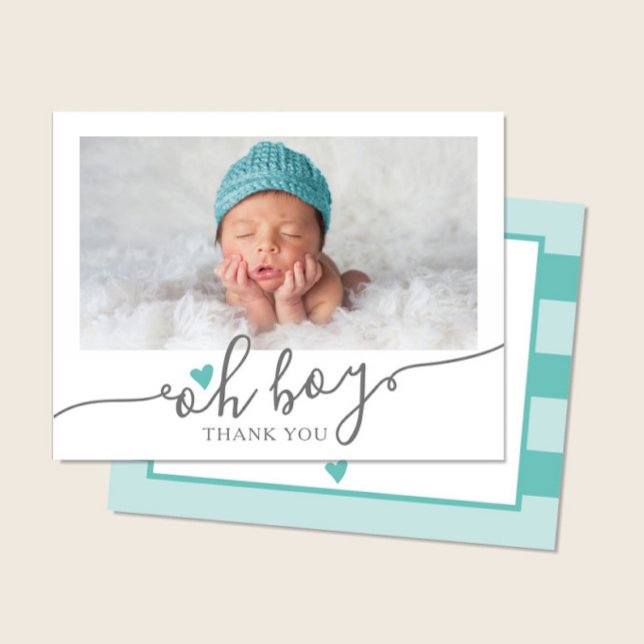 Simple Teal Heart Boy Baby Shower Photo Thank You Card (Creator Uploaded)