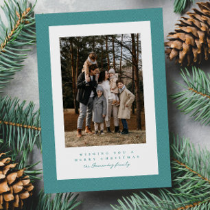 Simple teal herringbone frame Christmas photo Holiday Card
