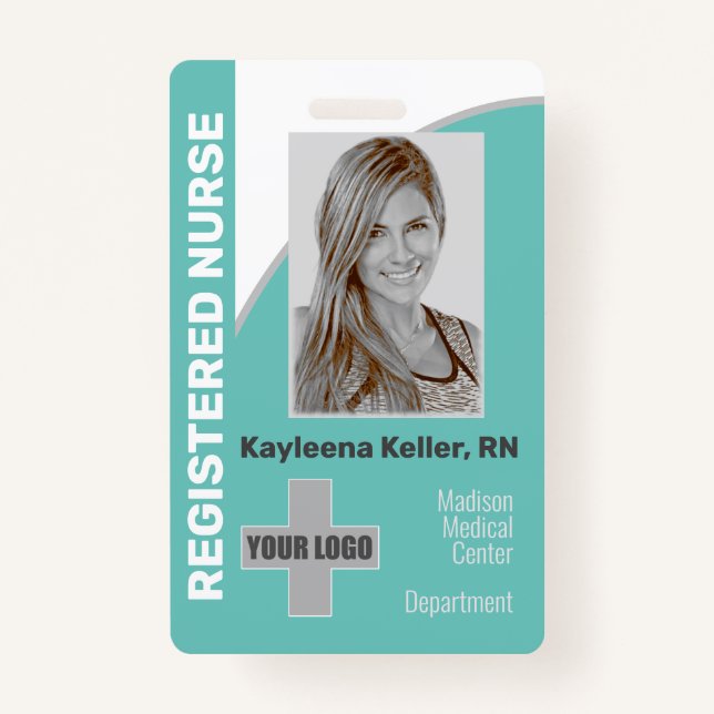 Simple Teal Logo Barcode ID Photo Registered Nurse ID Badge (Front)