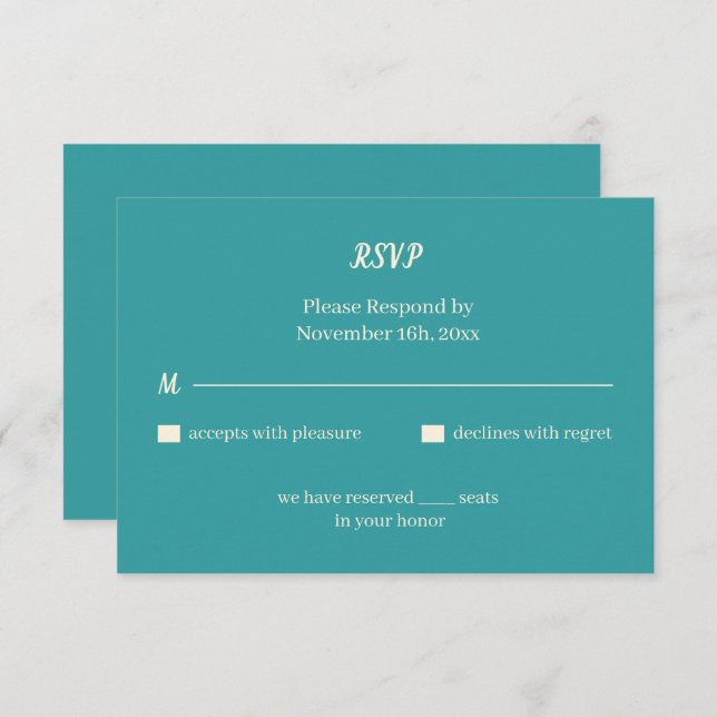 Simple Teal Personalised Wedding RSVP Card (Front/Back)