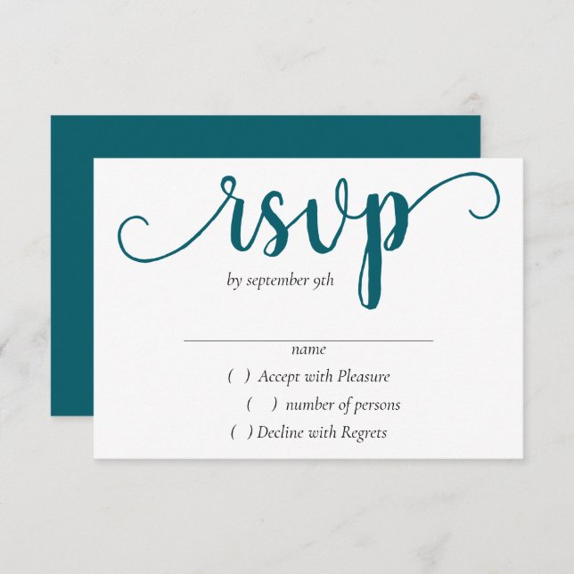 Simple Teal Script | Dark Blue-Green Flourish RSVP Card (Front/Back)