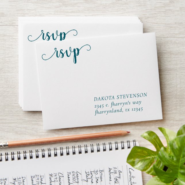 Simple Teal Script | Dark Blue-Green RSVP Return Envelope (Stacked)