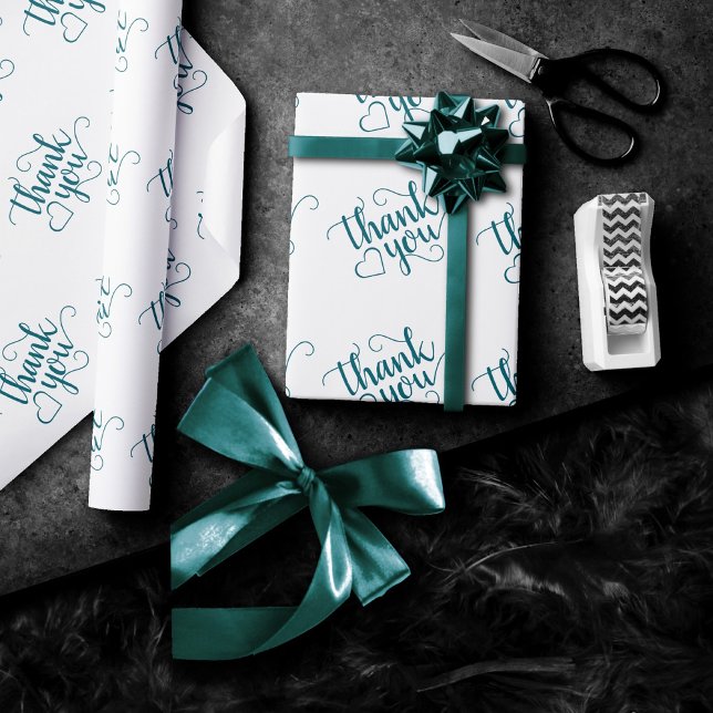Simple Teal Script | Dark Midnight Green Thank You Wrapping Paper (Creator Uploaded)