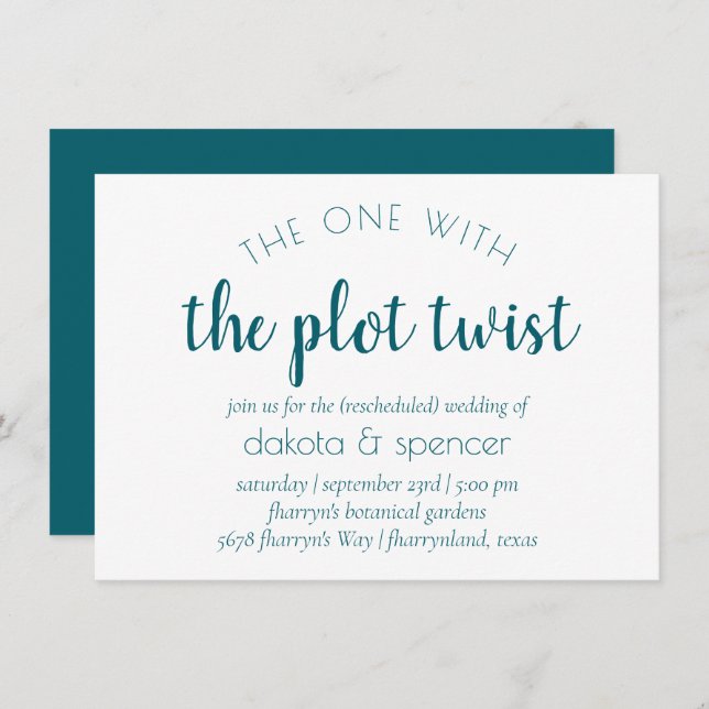 Simple Teal Script | Green One with the Plot Twist Invitation (Front/Back)