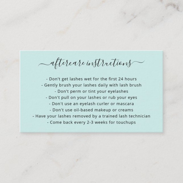Simple Teal Turquoise Elegant Lashes Aftercare Business Card (Front)