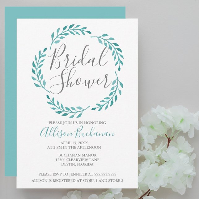 Simple Teal Watercolor Botanical Bridal Shower Invitation (Creator Uploaded)