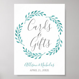 Simple Teal Watercolor Botanical Cards Gifts Table Poster