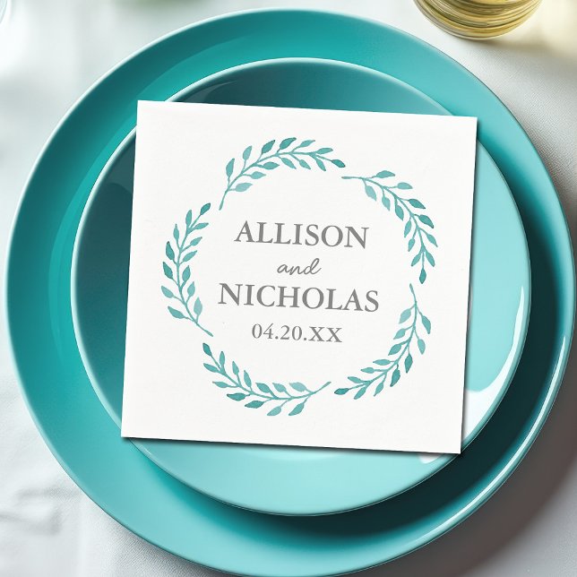 Simple Teal Watercolor Botanical Vine Chic Wedding Napkin (Creator Uploaded)