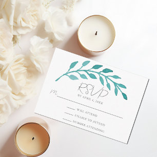 Simple Teal Watercolor Botanical Vine Wedding RSVP Enclosure Card