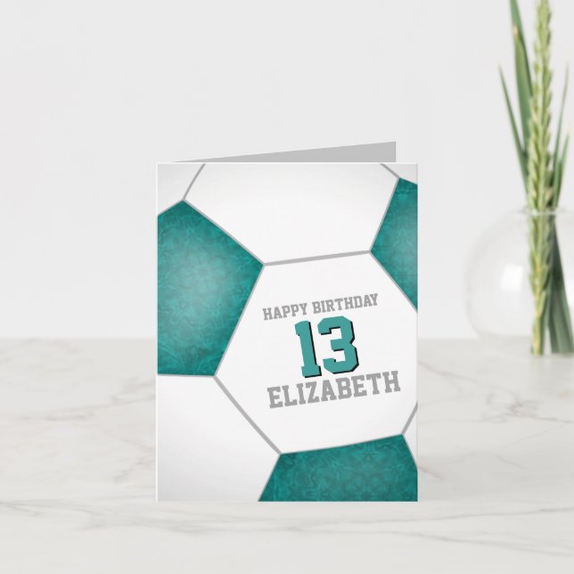 simple teal white soccer ball happy birthday card (Front)