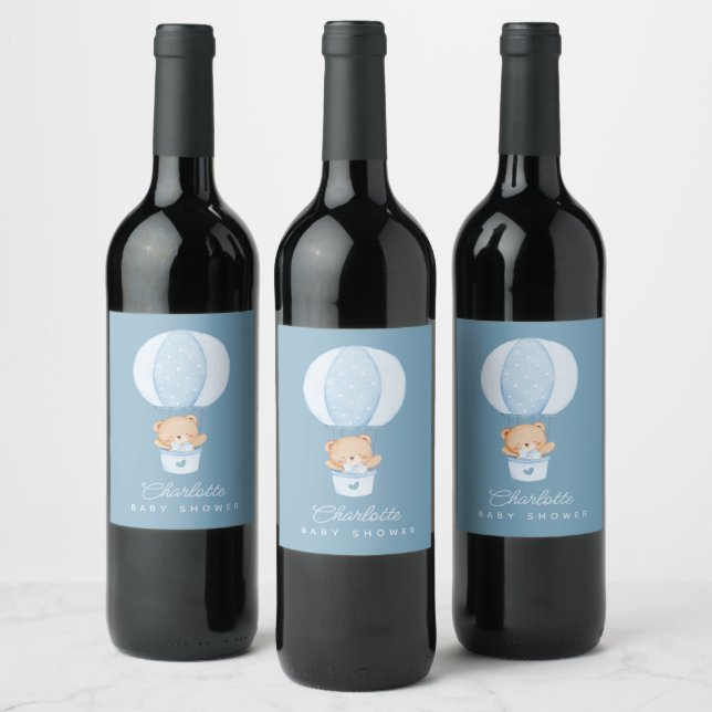Simple Teddy Bear Blue Balloon Wine Label (Bottles)