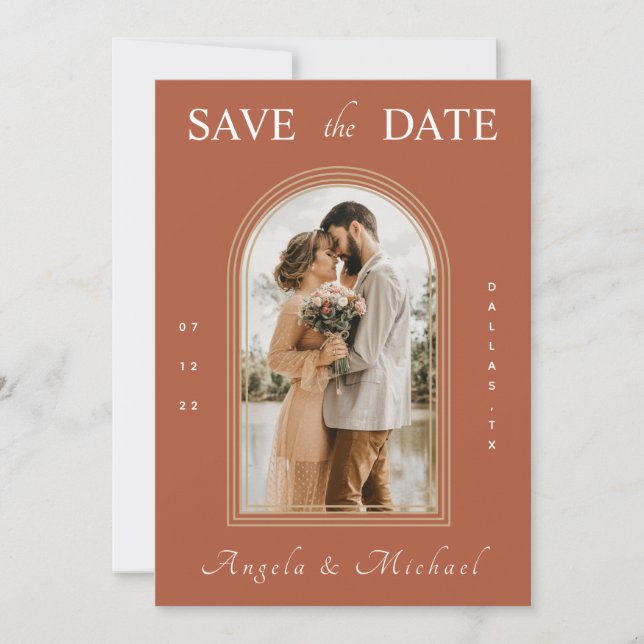 Simple Terracotta Arch Engagement Photo Boho Brown Save The Date (Front)