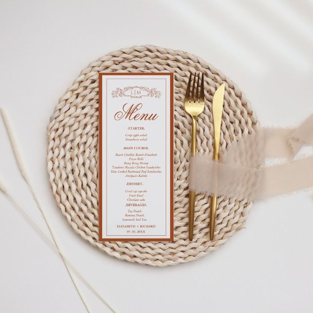 Simple Terracotta botanical crest monogram wedding Menu (Creator Uploaded)