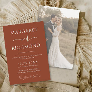 Simple Terracotta Burnt Orange Boho Photo Wedding Invitation