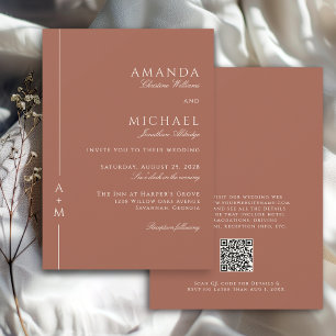 Simple Terracotta Elegant Monogram QR code Wedding Invitation
