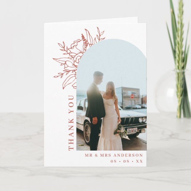 Simple Terracotta Floral Arch Photo Wedding Folded Thank You Card (Front)