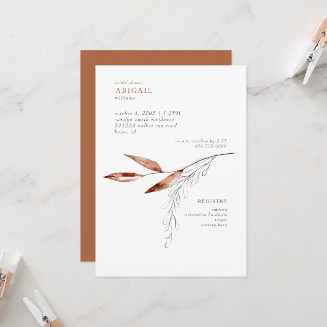 Simple Terracotta Modern Foliage Bridal Shower Invitation (Front/Back In Situ)